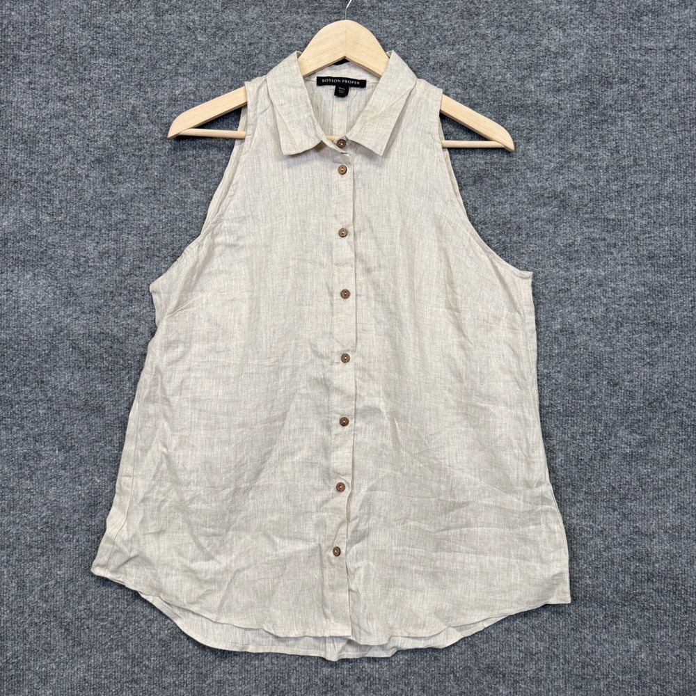 Boston Proper Size Large Shirt Cream Sleeveless Linen Buttons Collared Preppy - Picture 2 of 9